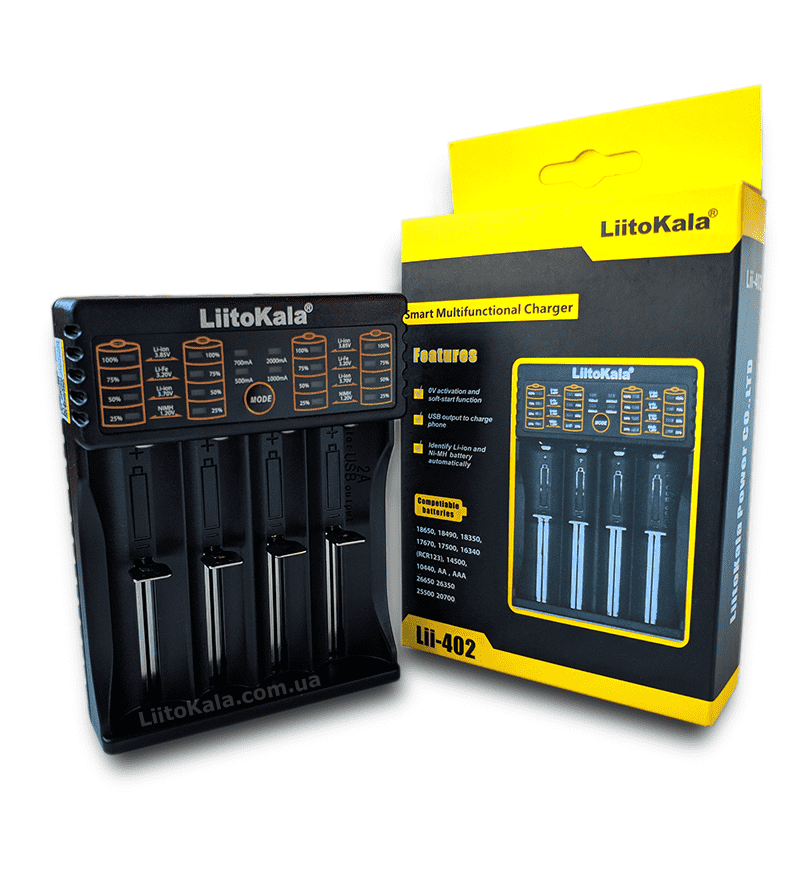 Зарядное устройство Liitokala Lii-402 на 4 акк. 220-12V USB, powerbank,LiIon , LiFe, NiMh, Зар. токи 0.5 и 1А